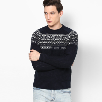 Printed Navy Blue Round Neck