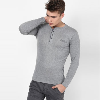Solid Grey Melange Henley T-Shirt